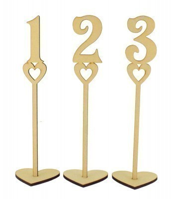 Laser Cut 6mm Wedding Table Numbers on Stands - Heart Design